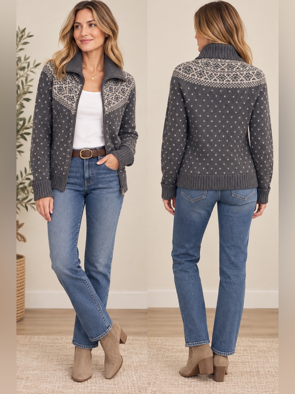 Talbots Gray and Cream Fair Isle Zip-Front Sweater Jacket